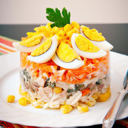 Фото Салат "Рыбный" из рыбной консервы с яйцом и рисом в домашних условиях