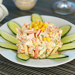 Фото Крабовый салат с огурцом, рисом и кукурузой